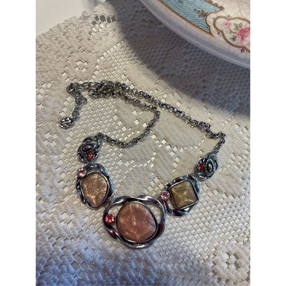 Vintage Silver Multi Colored Gemstones Brutalist Adjustable “H” Maker Mark Neckl - Picture 9 of 11
